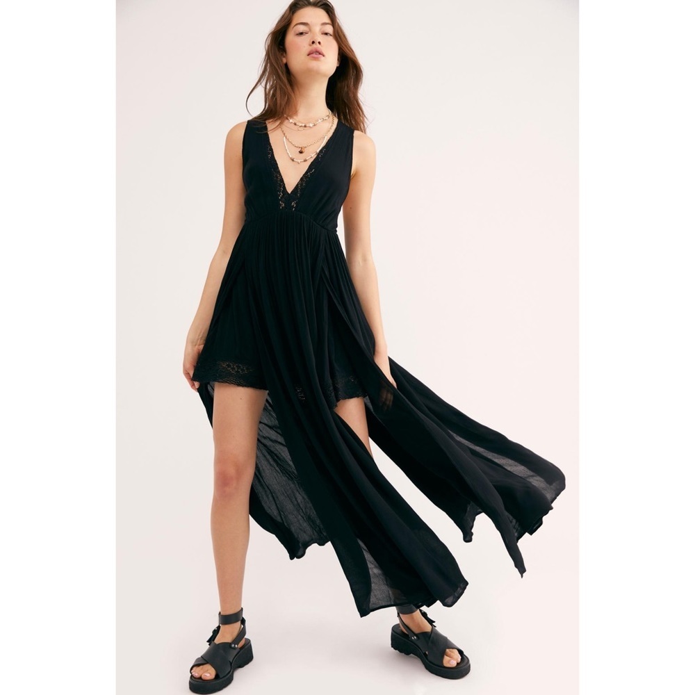 🖤 FREE PEOPLE Black Greek Goddess Strong Statement Thigh Slits Maxi Dress